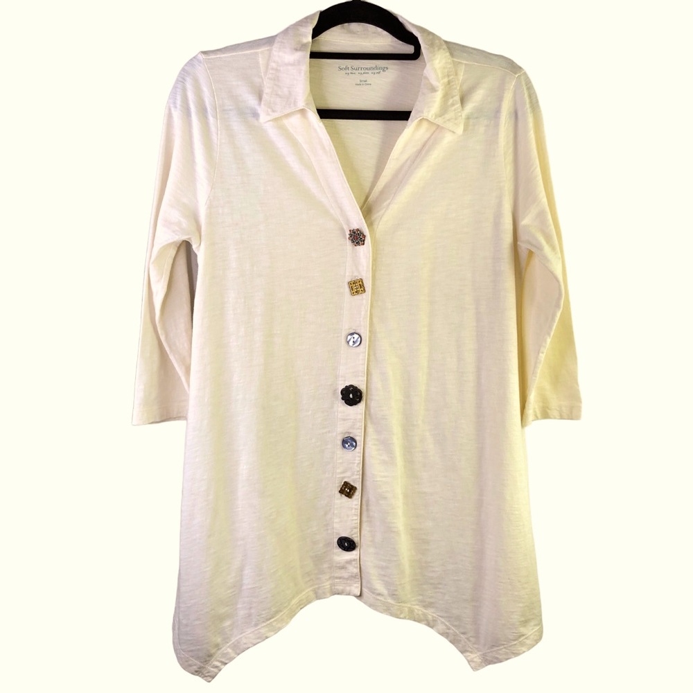 SOFT SURROUNDINGS Top with Vintage Charm Buttons Pale Yellow, Ecru, Cream Size S - Picture 2 of 7